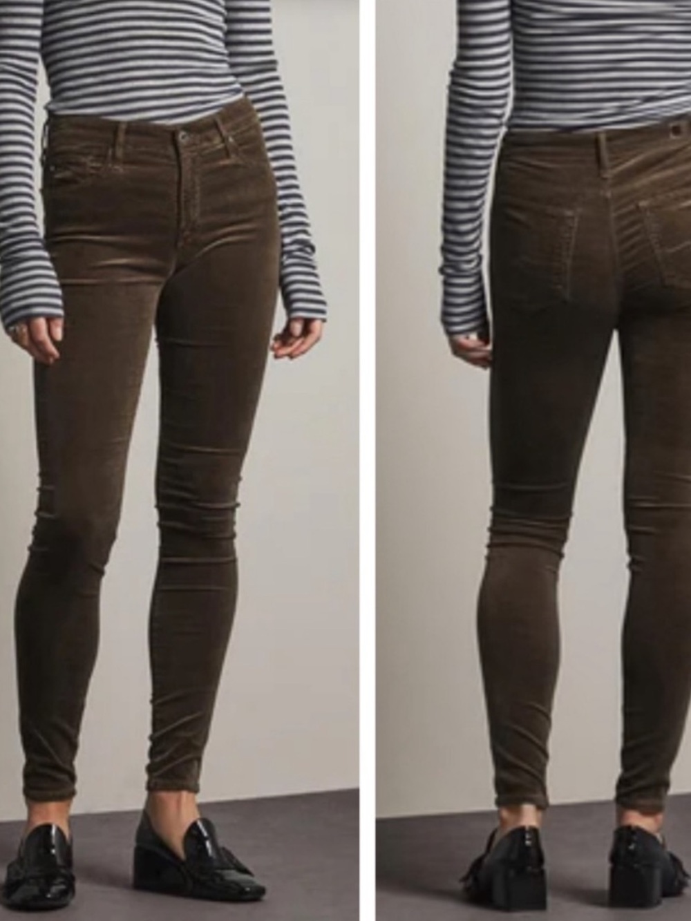 AG Adriano Goldschmied Farrah High Rise Skinny Olive/Brown Velvet Jeans W 29